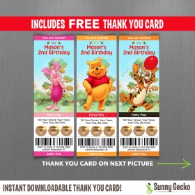 Winnie The Pooh Ticket Invitations with FREE editable Thank you Card